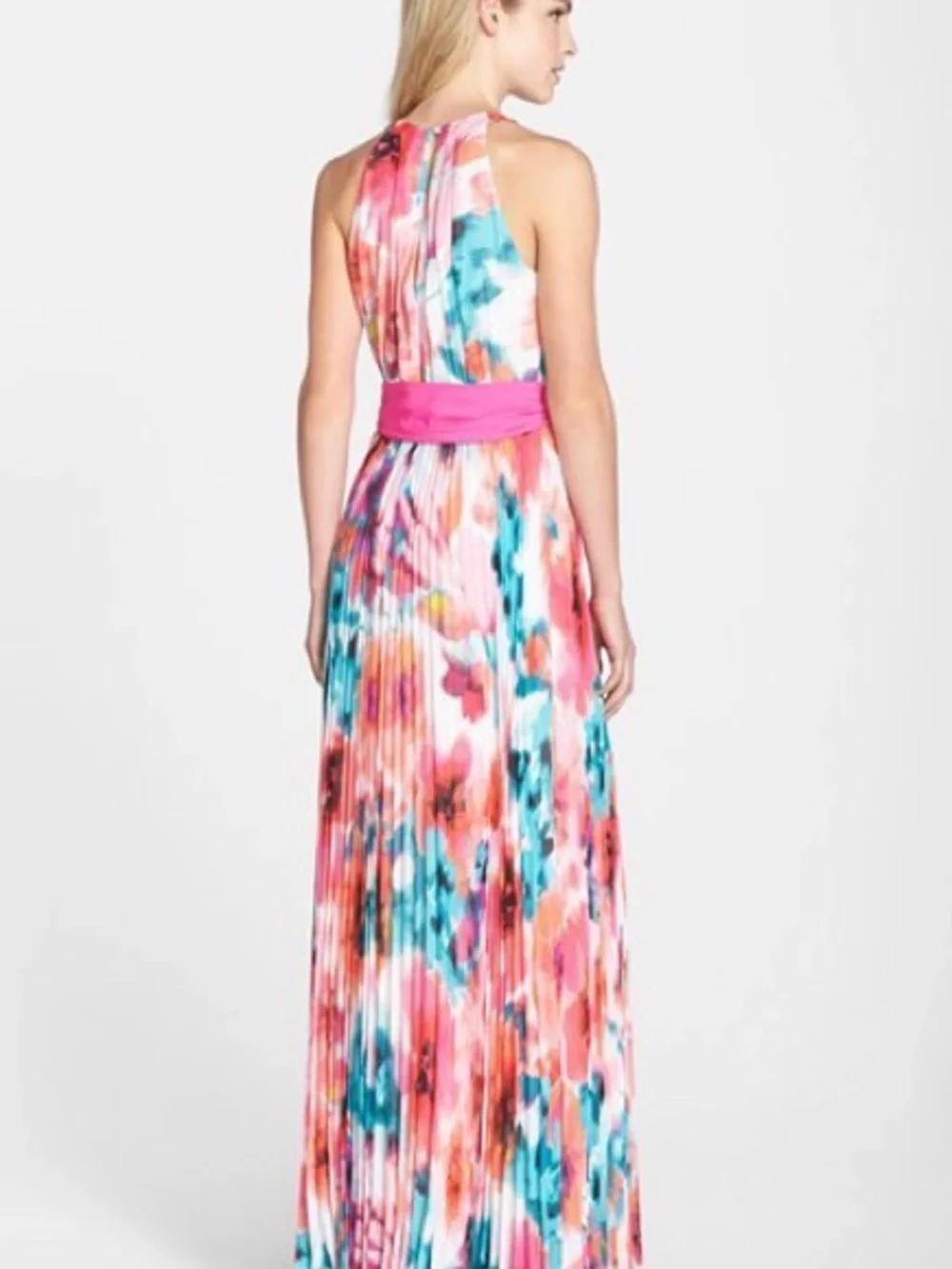 Eliza J Watercolor Floral Pleated Maxi Dress Pink Sash Halter 16W Plus - Picture 16 of 16